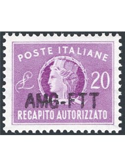 1954 Trieste A Recapito autorizzato Italia Turrita 20 £ lilla con soprast. “AMG-FTT” modificata n° 5A Cert. Biondi Cat. € 280 (*