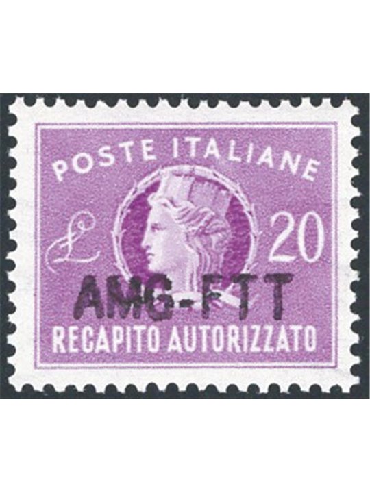 1954 Trieste A Recapito autorizzato Italia Turrita 20 £ lilla con soprast. “AMG-FTT” modificata n° 5A Cert. Biondi Cat. € 280 (*