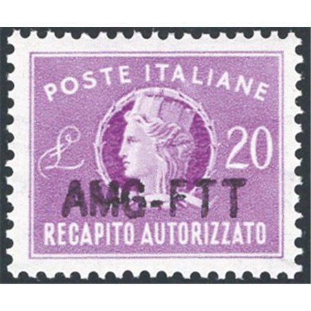 1954 Trieste A Recapito autorizzato Italia Turrita 20 £ lilla con soprast. “AMG-FTT” modificata n° 5A Cert. Biondi Cat. € 280 (*