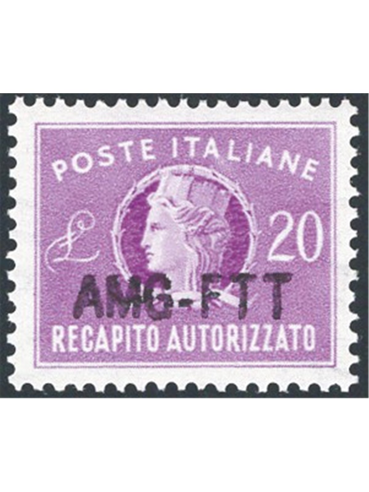 1954 Trieste A Recapito autorizzato Italia Turrita 20 £ lilla con soprast. “AMG-FTT” modificata n° 5A Cert. Biondi Cat. € 280 (*