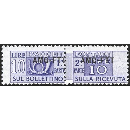 1949 Trieste A Pacchi postali 10 £ violetto con soprast. modificata n° 18A Cert. CiBaFil Cat. € 3.200 (**)