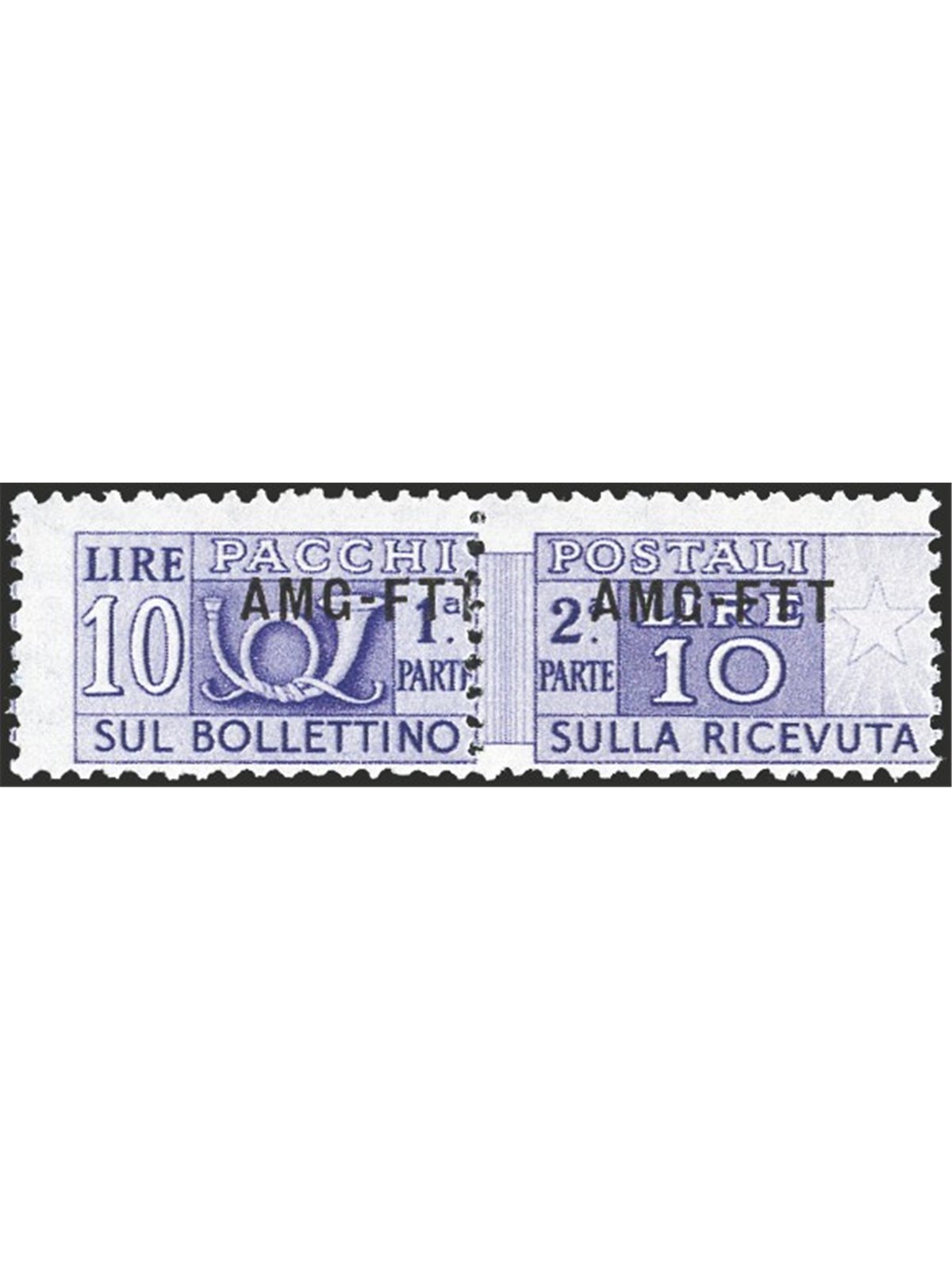 1949 Trieste A Parcel Post 10 £ violet with modified overprint No. 18A CiBaFil Cert. Cat. € 3,200 (**)