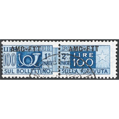 1950 Trieste A Pacchi postali 100 £ con soprast. fortemente spostata in alto n° 22h Cert. CiBaFil Cat. € 200 (U)