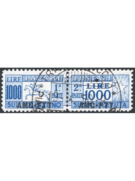 1954 Trieste A Pacchi postali Cavallino 1.000 £ azzurro oltremare con dent. lineare 13¼ n° 26/I Cert. CiBaFil Cat. € 1.600 (U)