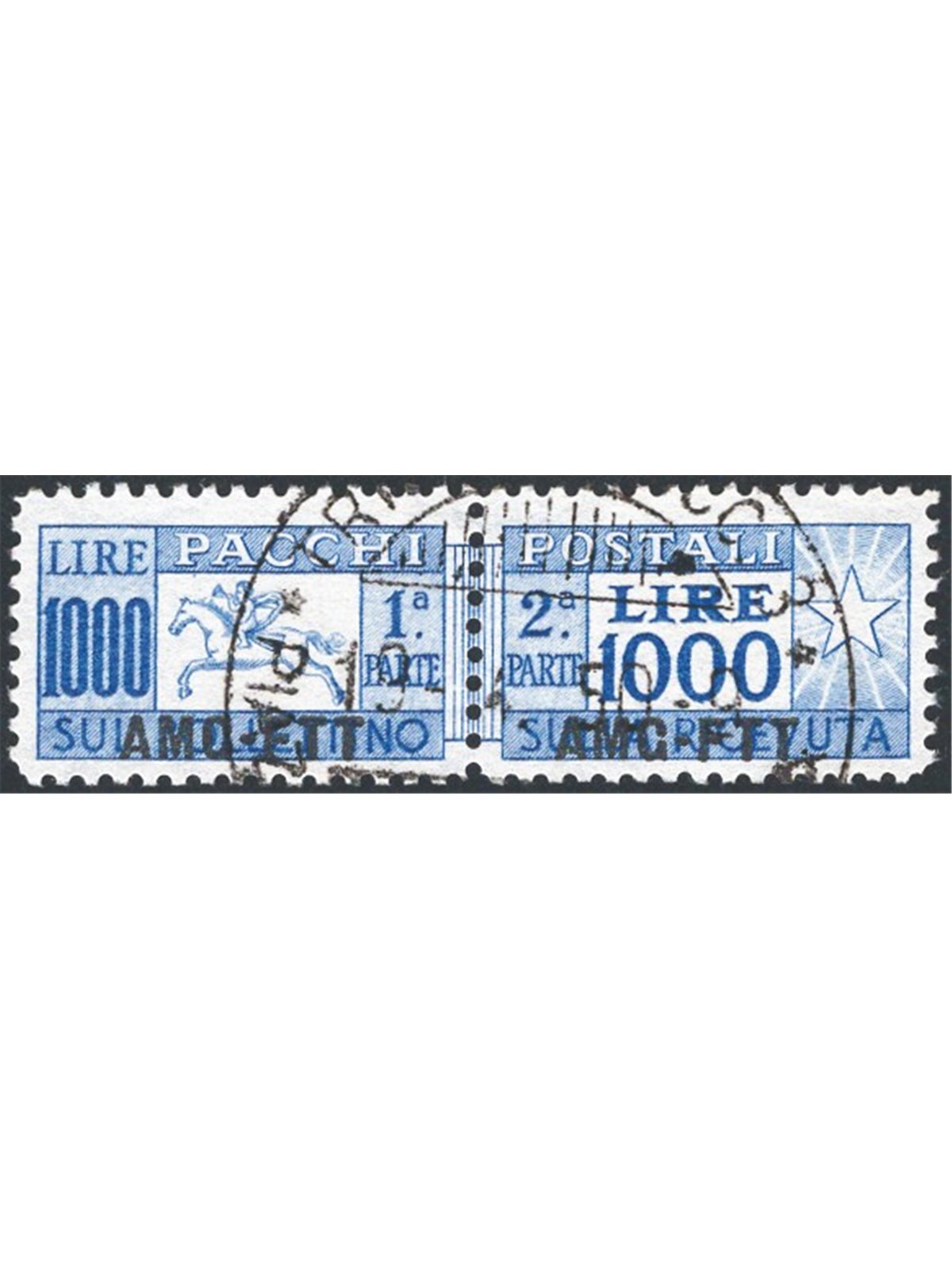 1954 Trieste A Pacchi postali Cavallino 1.000 £ azzurro oltremare con dent. lineare 13¼ n° 26/I Cert. CiBaFil Cat. € 1.600 (U)