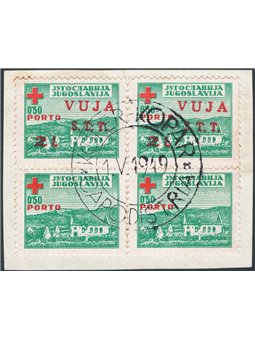 1948 Trieste B Pro Croce rossa 2 l su 0,50 verde in quartina su frammento che presenta gli esemplari superiori soprast. “S.T.T. 