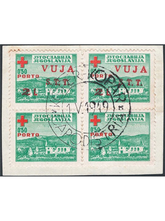 1948 Trieste B Pro Croce rossa 2 l su 0,50 verde in quartina su frammento che presenta gli esemplari superiori soprast. “S.T.T. 