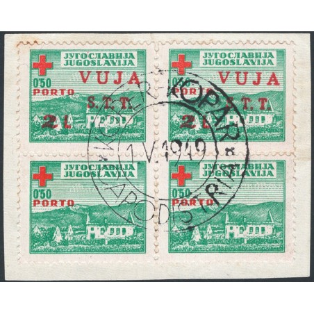 1948 Trieste B Pro Croce rossa 2 l su 0,50 verde in quartina su frammento che presenta gli esemplari superiori soprast. “S.T.T. 