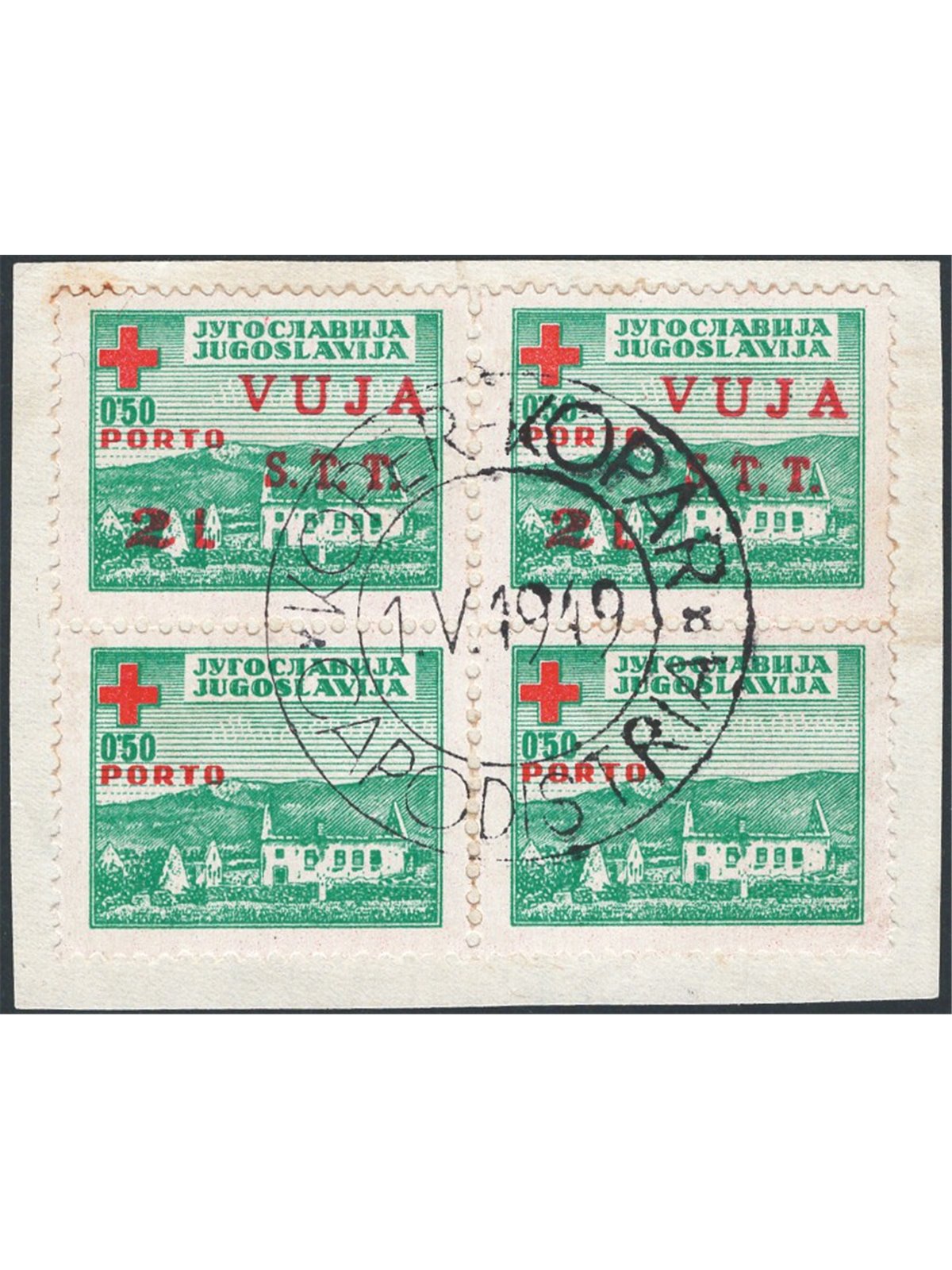 1948 Trieste B Pro Croce rossa 2 l su 0,50 verde in quartina su frammento che presenta gli esemplari superiori soprast. “S.T.T. 
