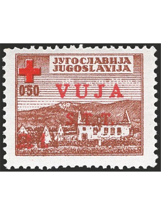 1948 Trieste B Red Cross 0.50 d. with overprint in red instead of black No. 4A Cert. Biondi Cat. €14,000 (**)