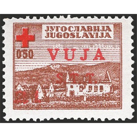 1948 Trieste B Croce Rossa 0,50 d. con soprast. in rosso anziché nera n° 4A Cert. Biondi Cat. € 14.000 (**)