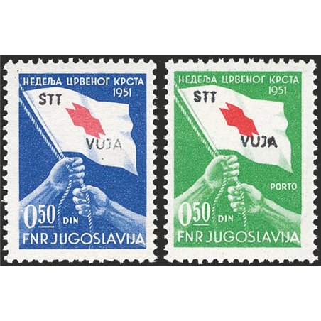 1951 Trieste B Jugoslavia serie “Croce rossa” soprast. “STT VUJA” serie n° 39/40 Cert. Biondi Cat. € 800 (**)