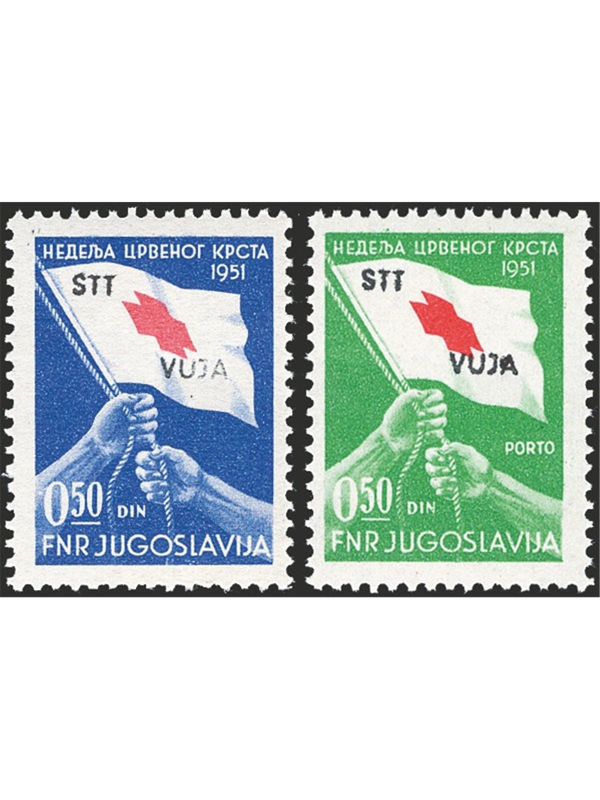 1951 Trieste B Jugoslavia serie “Croce rossa” soprast. “STT VUJA” serie n° 39/40 Cert. Biondi Cat. € 800 (**)