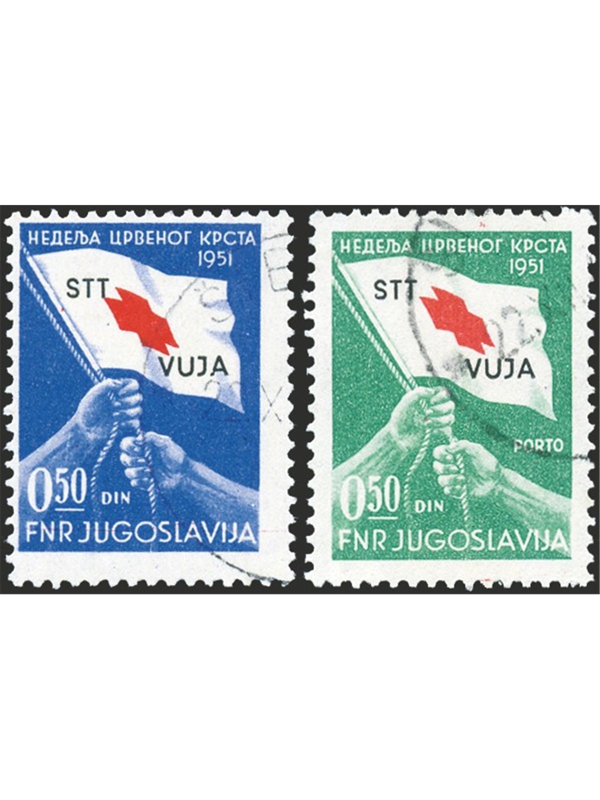 1948 Trieste B Jugoslavia serie “Croce rossa” soprast. “STT VUJA” serie n° 39/40 Cert. Biondi Cat. € 750 (U)