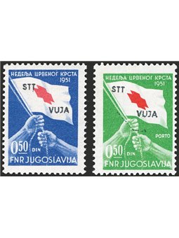 1951 Trieste B Jugoslavia serie “Croce rossa” soprast. “STT VUJA” serie n° 39/40 Cert. Biondi Cat. € 425 (*)