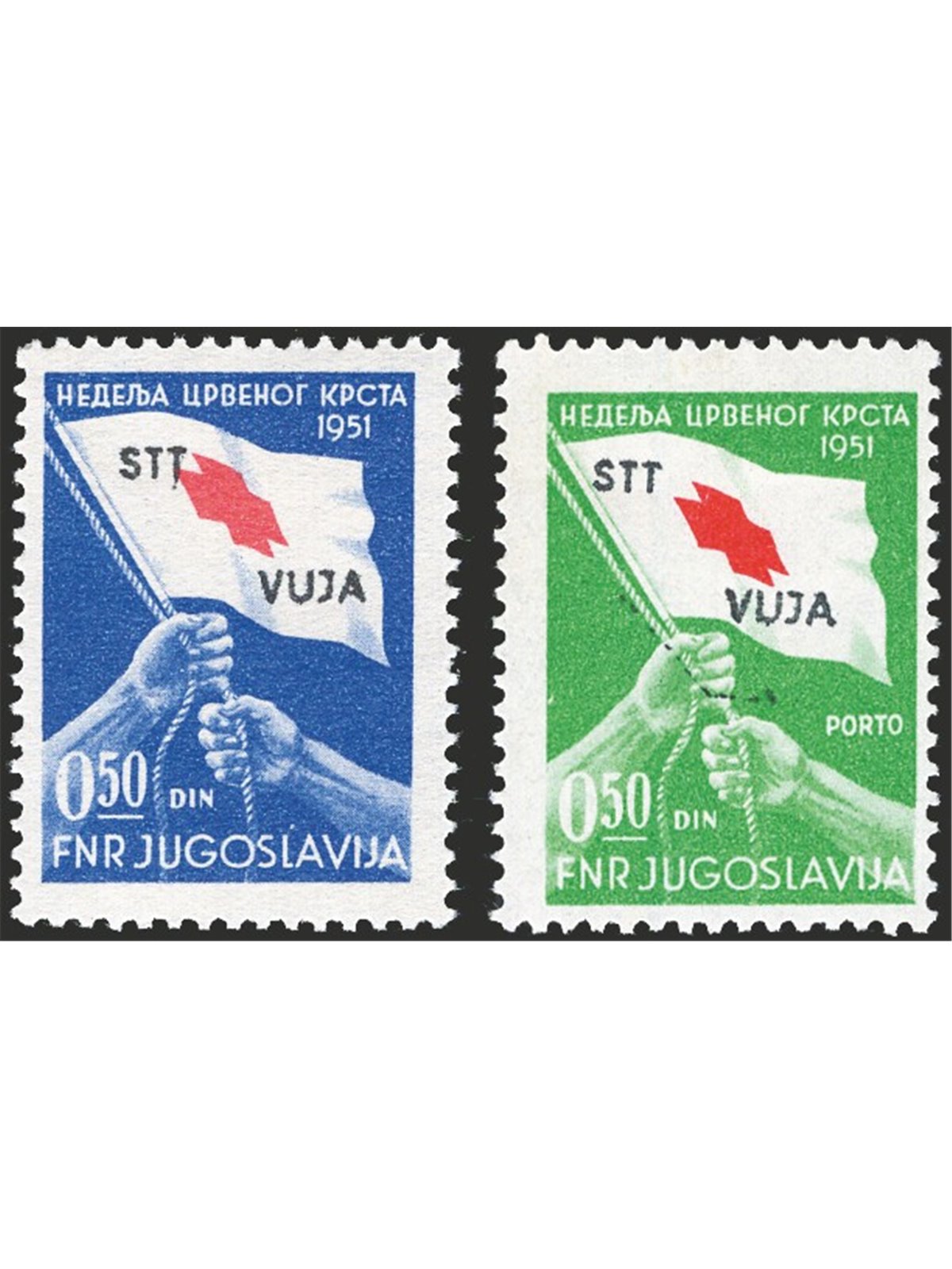 1951 Trieste B Jugoslavia serie “Croce rossa” soprast. “STT VUJA” serie n° 39/40 Cert. Biondi Cat. € 425 (*)