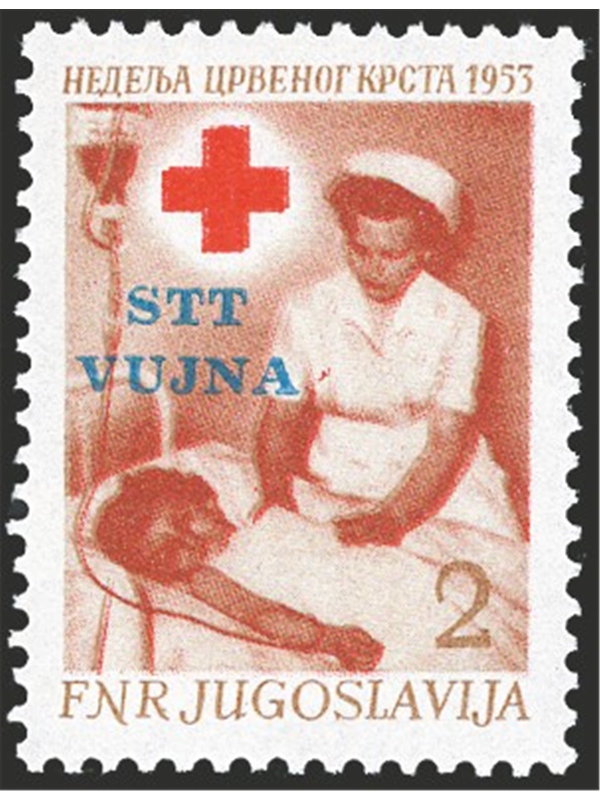 1953 Trieste B Croce rossa 2 d. bruno e rosso bruno con doppia croce rossa n° 93a Cert. CiBaFil Cat. € 250 (**)