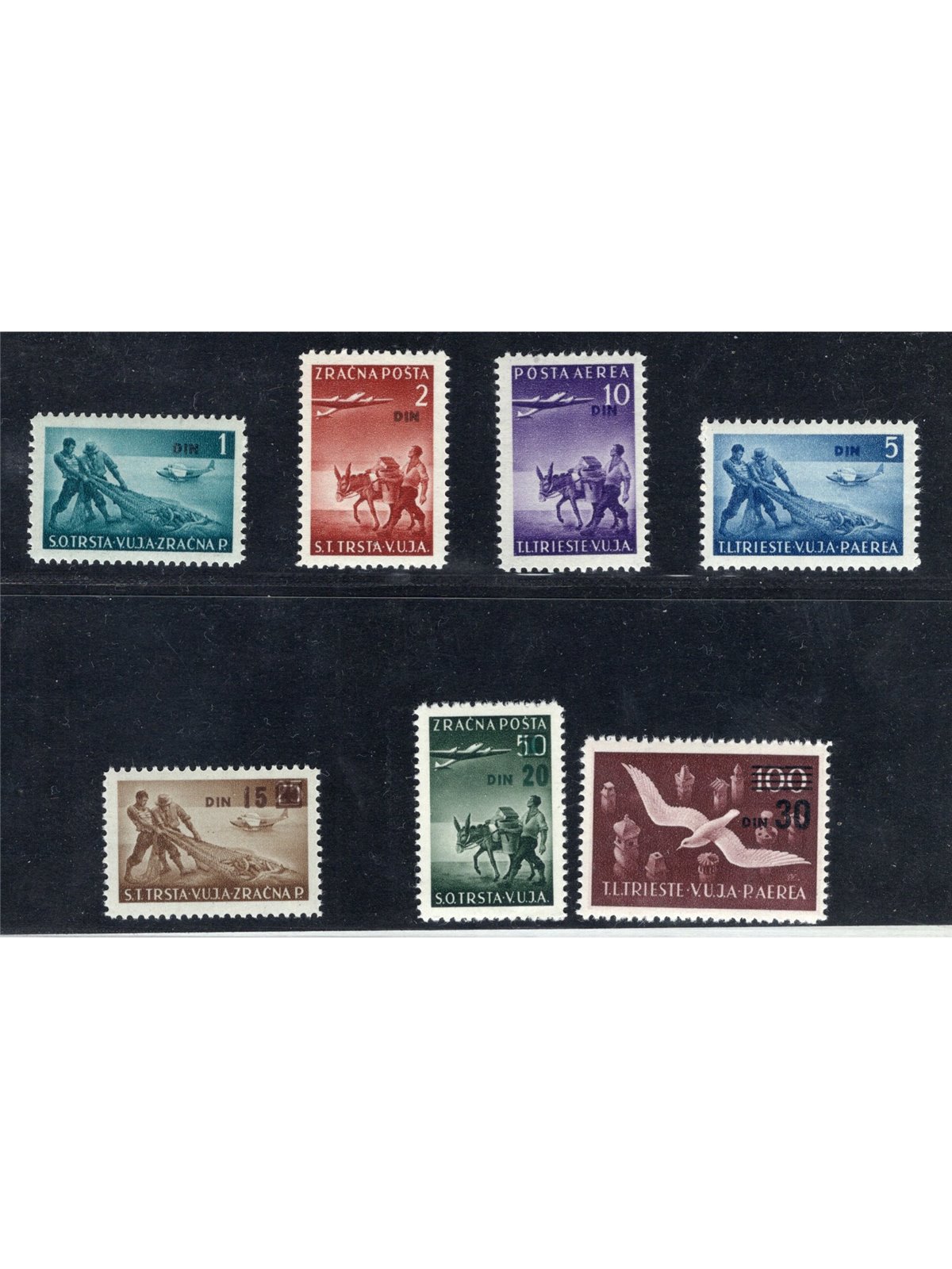1953 Trieste B P.A. Miscellaneous Subjects Overprinted with New Dinars Series No. 10/16 Cat. € 220 (* *)