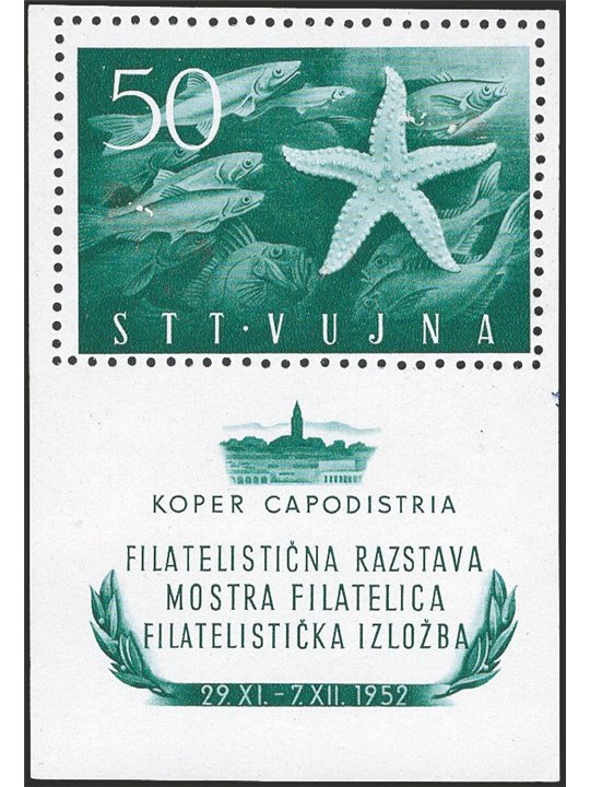 1952 Trieste B Mostra Filatelica di Capodistria il foglietto di prova dent. non emesso per la difficoltà di eseguire la dentella