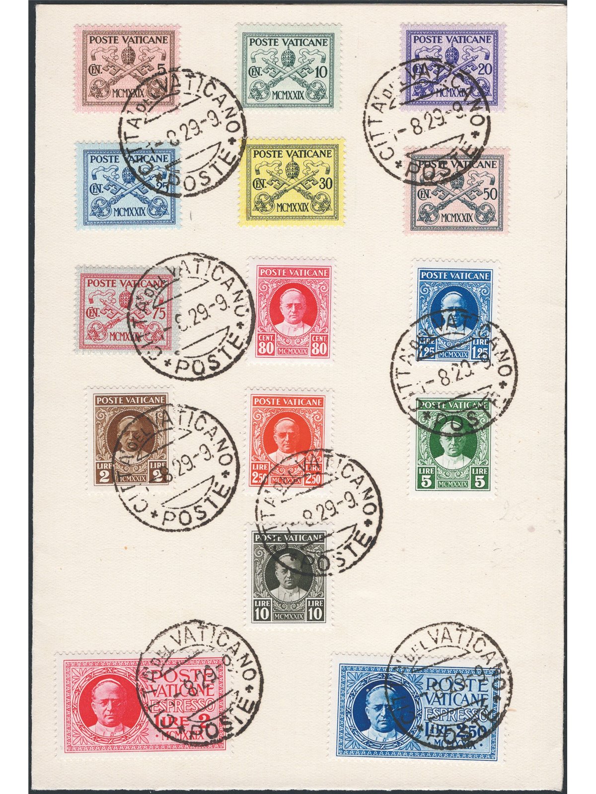 Vaticano 1929 Conciliazione serie n° 1/13 + Ex 1/2 su cartoncino con annulli completi Cat. € 100+ (U/Fr)