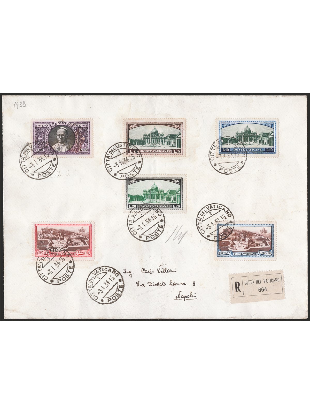 Vaticano 3/1/1934 Due raccomandate dal Vaticano per Napoli affrancata con serie "Giardini e Medaglioni". Al verso timbri d'arriv