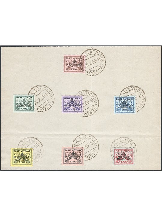 Vatican 1939 Sede Vacante series no. 61/67 applied to a sheet with first-day cancellations Cat. €80 (U/Fr)
