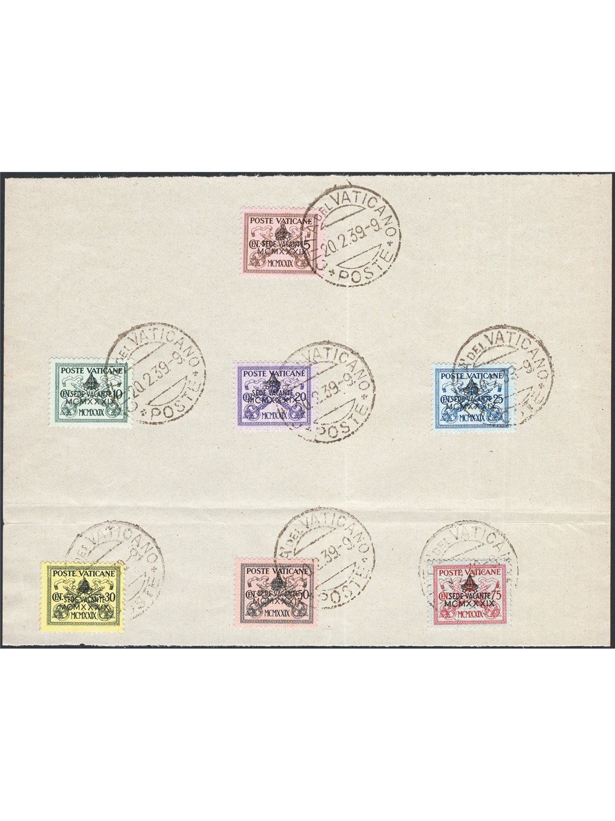 Vaticano 1939 Sede Vacante serie n° 61/67 applicata su un foglio con annulli 1° giorno Cat. € 80 (U/Fr)