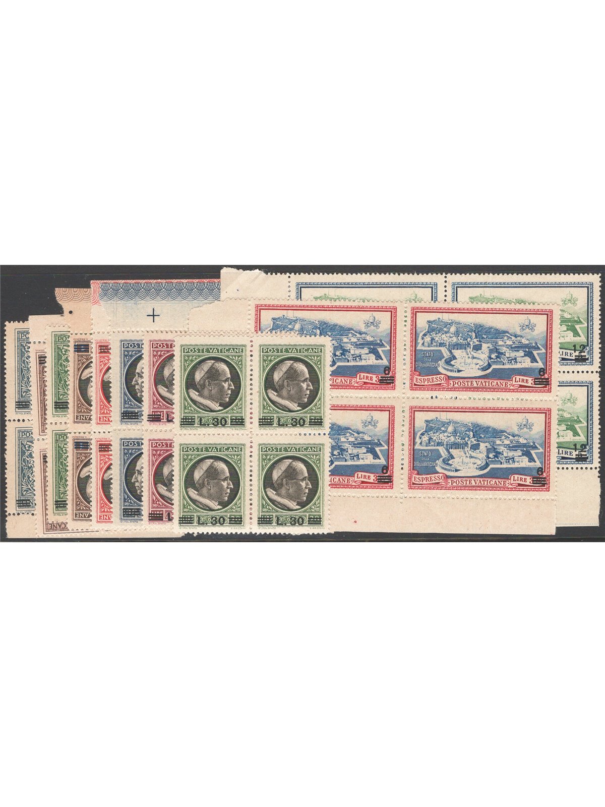 Vaticano 1945/46 Medaglioncini soprast. in quartina serie n° 102/9 + Ex 7/8 Cat. € 100+ (**)