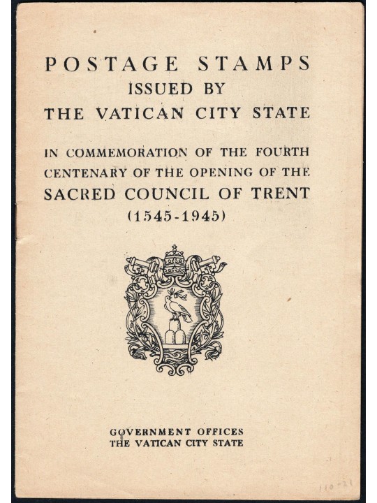 Vaticano 1945 Libretto ufficiale delle Poste Vaticane in lingua inglese per il Concilio di Trento con francobolli applicati prim