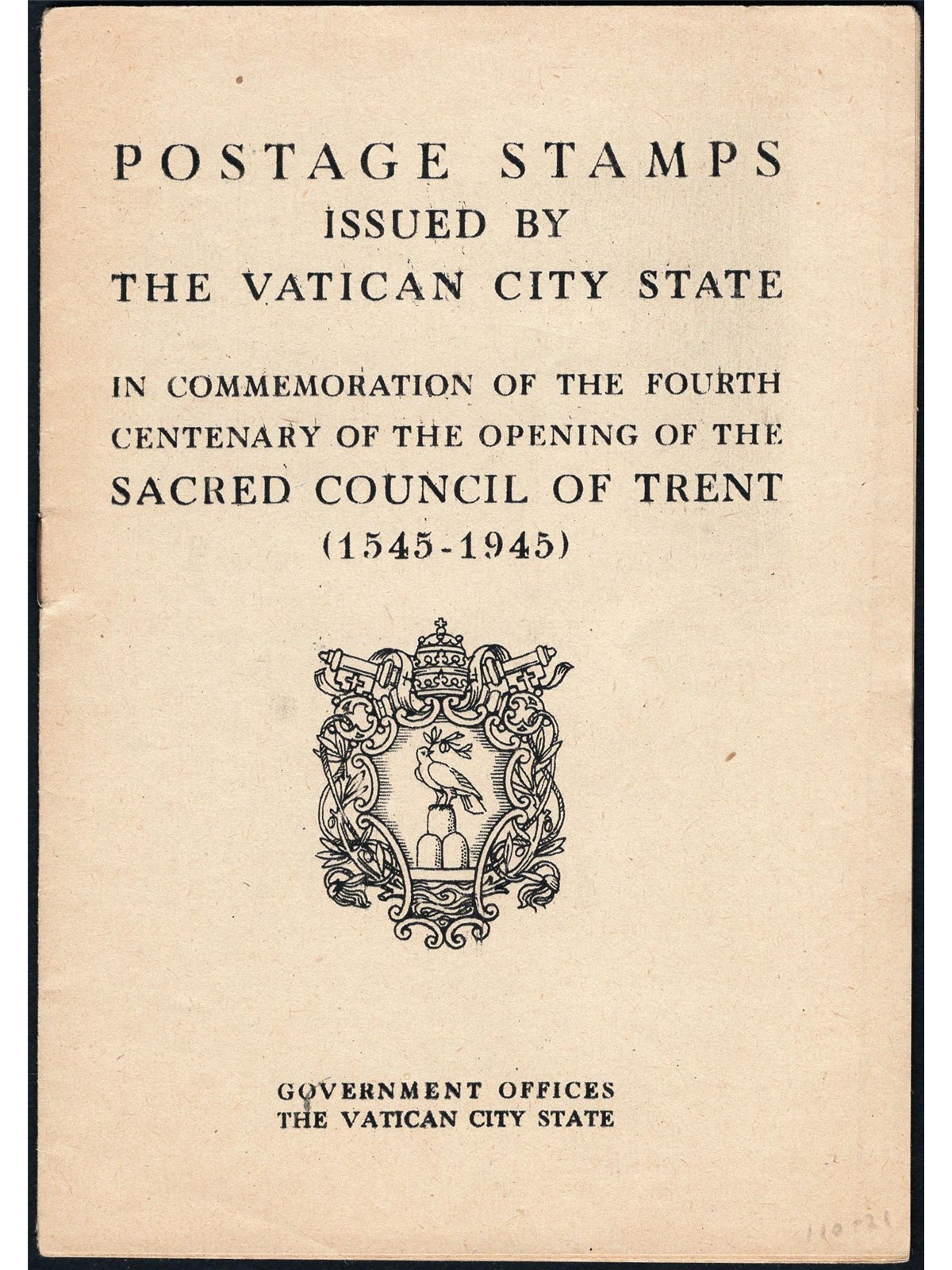 Vaticano 1945 Libretto ufficiale delle Poste Vaticane in lingua inglese per il Concilio di Trento con francobolli applicati prim