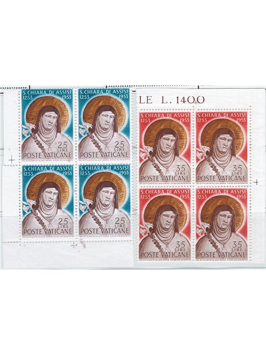 Vaticano 1953 S. Chiara in quartina d'angolo serie n° 169/70 Cat. € 110++ (**)