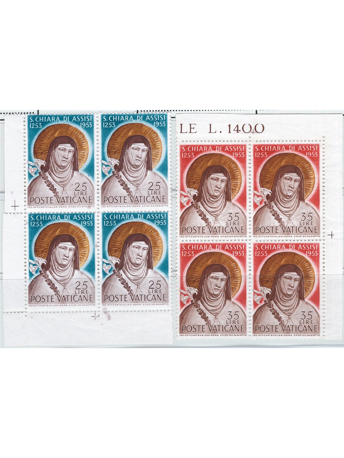 Vaticano 1953 S. Chiara in quartina d'angolo serie n° 169/70 Cat. € 110++ (**)