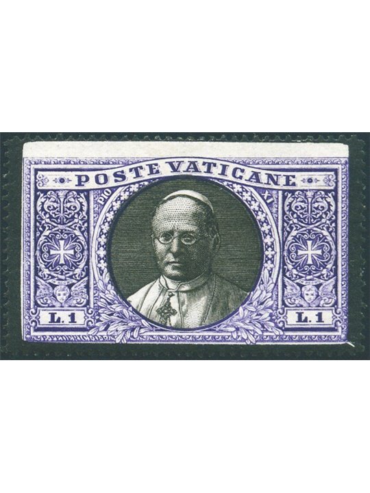 Vaticano 1939 Francobollo ricordo Medaglioni 1 £ listato a lutto per Pio XI CEI n° 1. Firm. Chirico ED Cat. € 200 (**)
