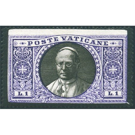 Vatican 1939 Commemorative stamp ‘Medallions’ 1 £ bordered in black in memory of Pius XI CEI No. 1. Signed Chirico ED Cat. €200 