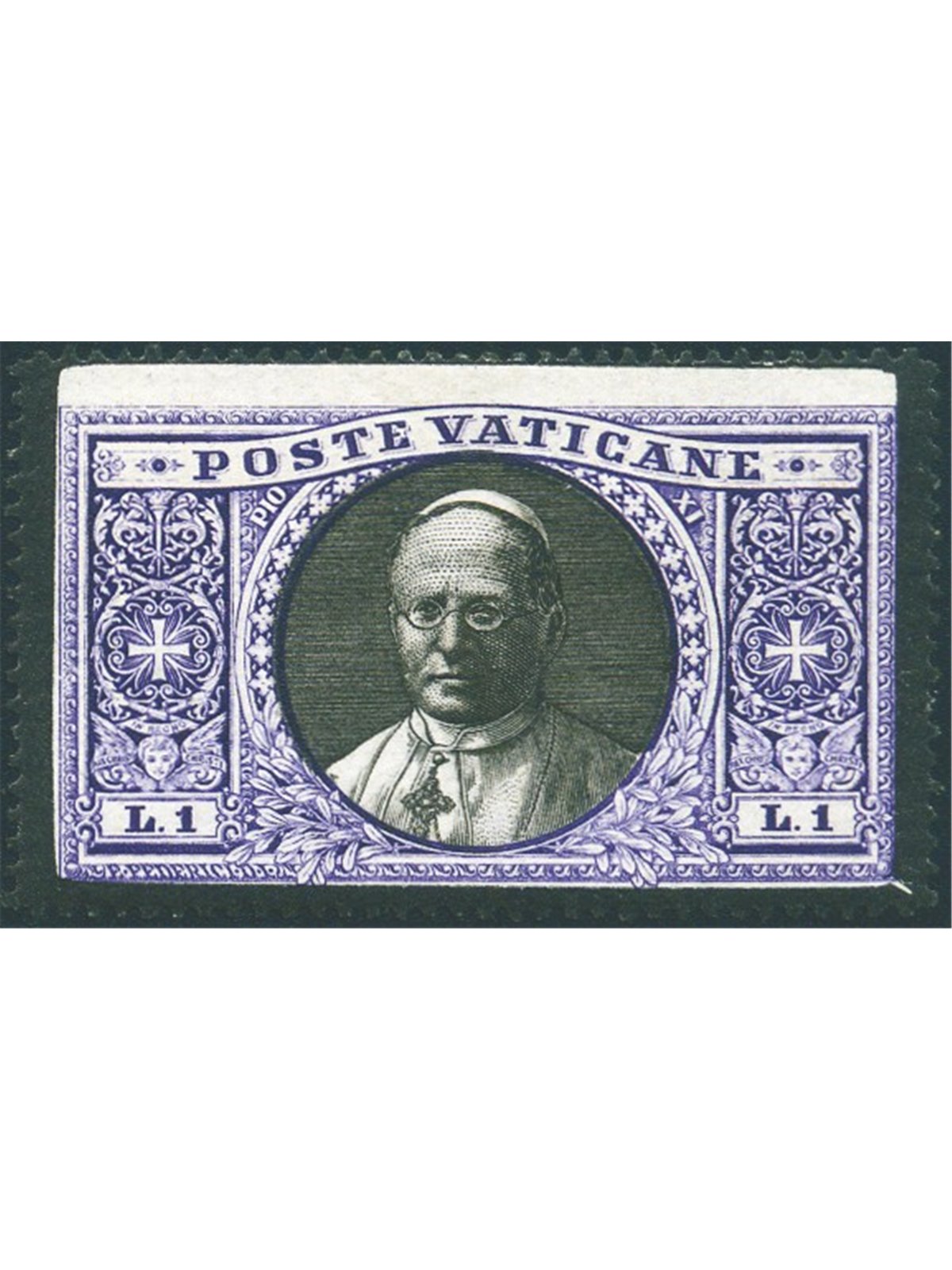 Vatican 1939 Commemorative stamp ‘Medallions’ 1 £ bordered in black in memory of Pius XI CEI No. 1. Signed Chirico ED Cat. €200 