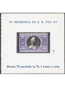 Vaticano 1939 Francobollo ricordo Medaglioni 1 £ listato a lutto ed applicato su foglietto con iscrizioni in memoria di Pio XI C
