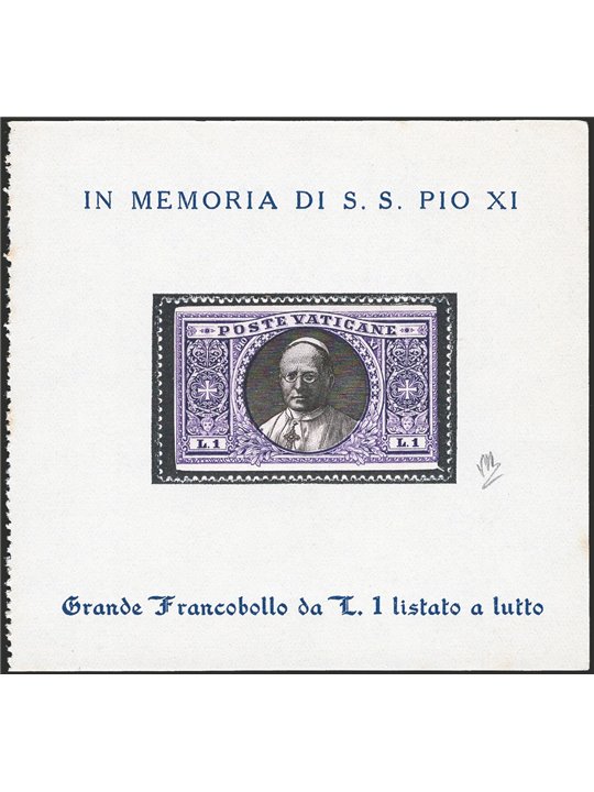 Vaticano 1939 Francobollo ricordo Medaglioni 1 £ listato a lutto ed applicato su foglietto con iscrizioni in memoria di Pio XI C