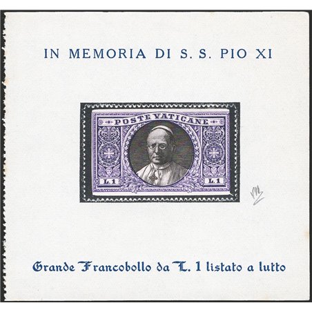 Vatican 1939 Commemorative stamp ‘Medallions’ 1 £ listed as mourning and affixed to a miniature sheet with inscriptions in memor