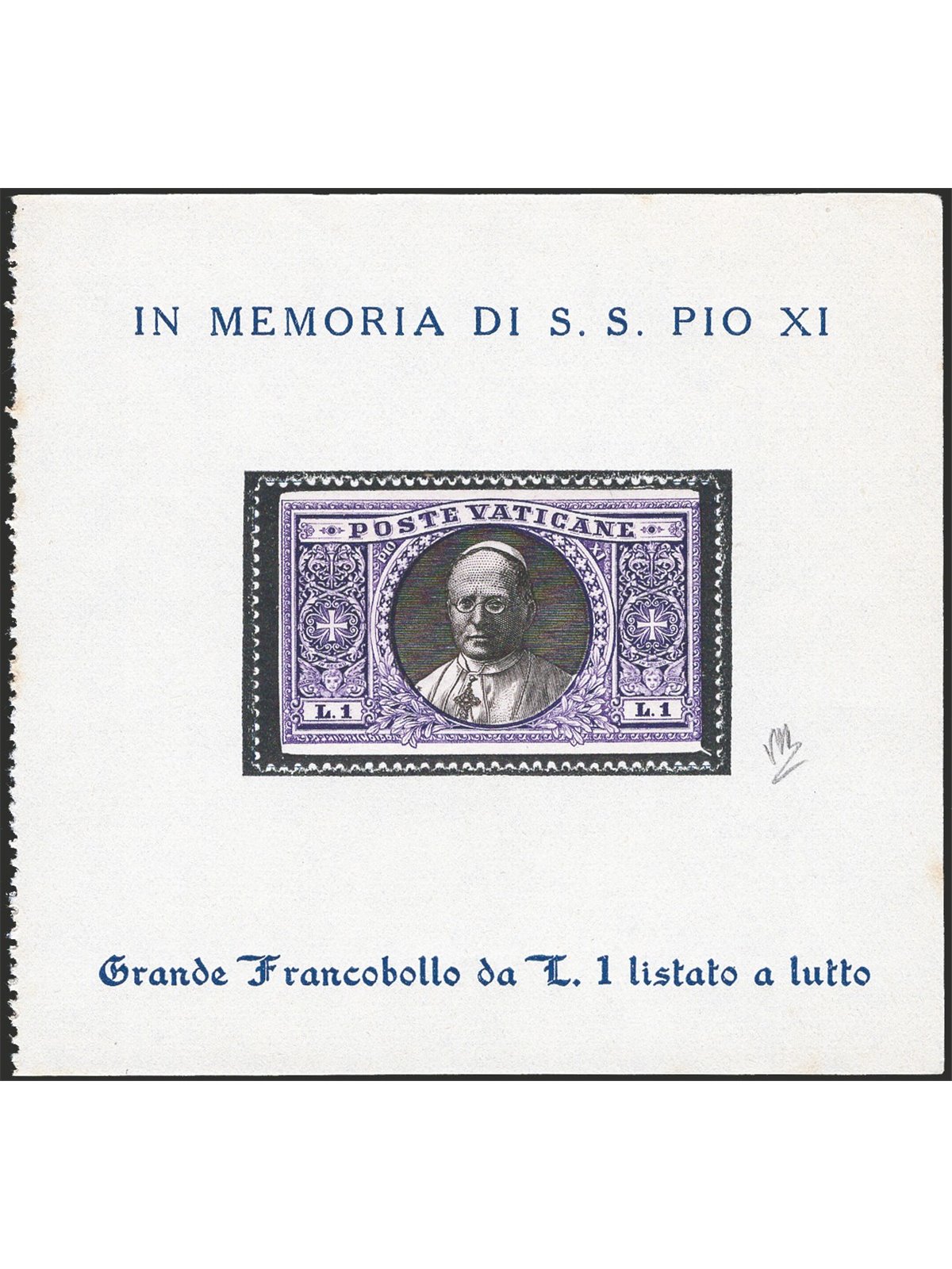 Vatican 1939 Commemorative stamp ‘Medallions’ 1 £ listed as mourning and affixed to a miniature sheet with inscriptions in memor