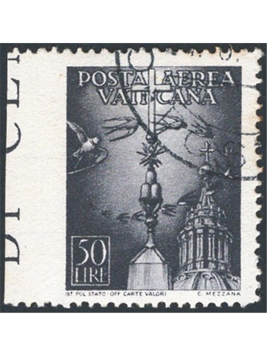 Vatican 1947 P.A. Various subjects 50 £ grey-black imperforated on the left no. 14b. Signed ED certified by CiBaFil Cat. € 900 (