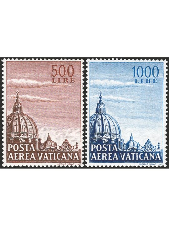 Vaticano 1958 P.A. Cupoloni I con filigrana lettere verticali al centro dei francobolli serie n° 22/23 Cert. CiBaFil Cat. € 200 