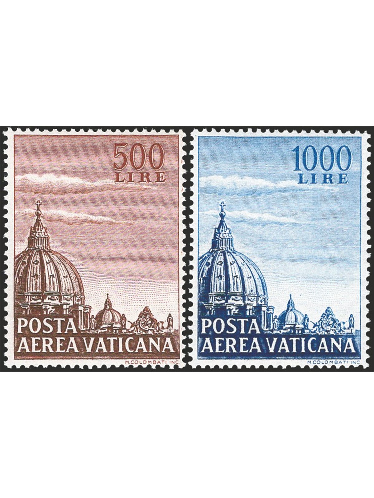 Vatican 1958 P.A. Cupoloni I with watermark of vertical letters in the centre of the stamps series no. 22/23 CiBaFil Cert. Cat. 