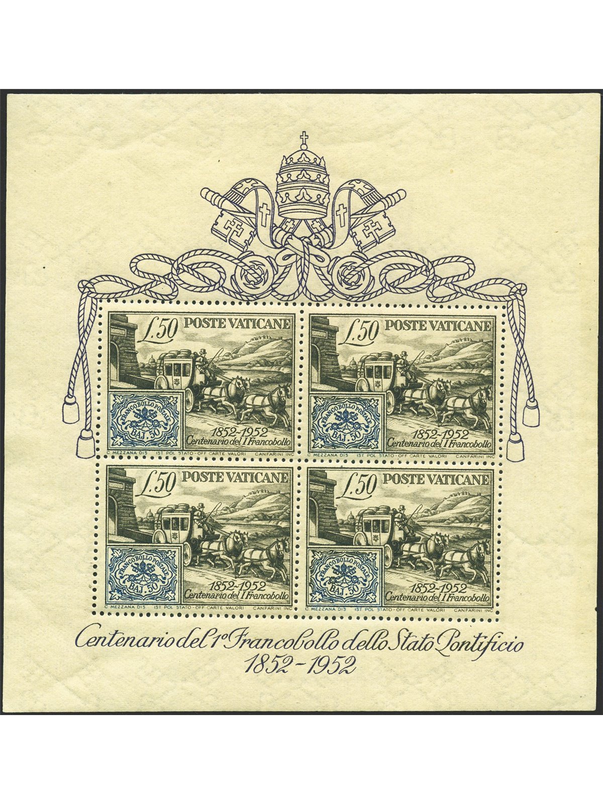 Vaticano 1952 BF Centenario del Francobollo n° 1 Cert. Biondi Cat. € 325 (**)