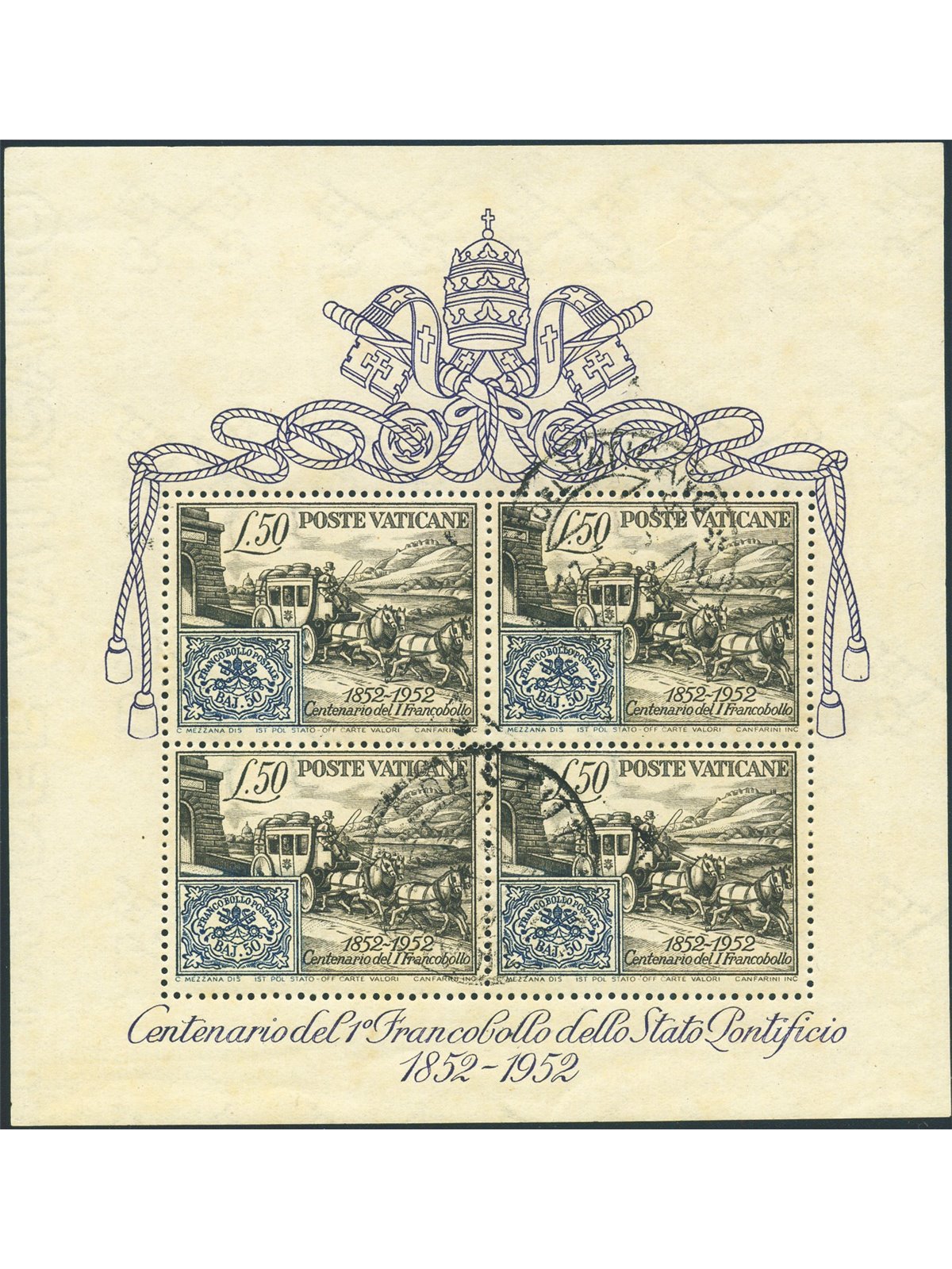 Vatican City 1951 BF Centenary of Stamp No. 1 Biondi Certificate Cat. €275 (U)