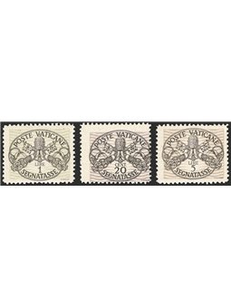 Vaticano 1946 Segnatasse su carta grigia a righe larghe serie n° 14I + 16I + 18I Cert. CiBaFil Cat. € 500 (**)