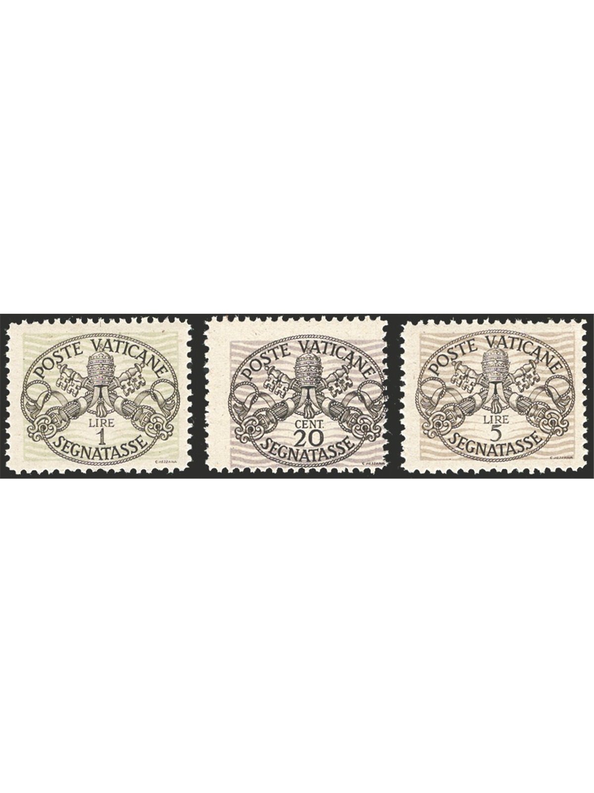 Vatican 1946 Revenue stamp on grey paper with wide lines series nos. 14I + 16I + 18I CiBaFil cert. Cat. €500 (**)