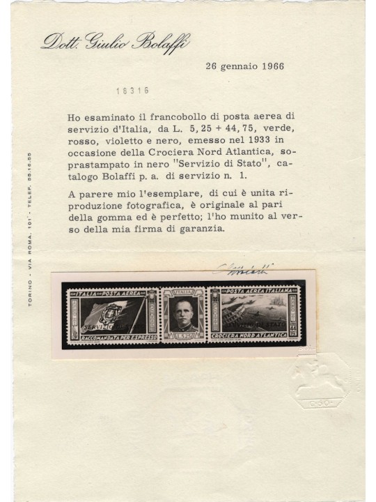Italy 1933 North Atlantic Cruise Air Service No. 1 MNH** Double Certificate
