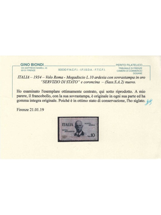 Italy 1934 Airmail Service, Rome–Mogadishu flight, 10 £, slate, MNH**, certified.