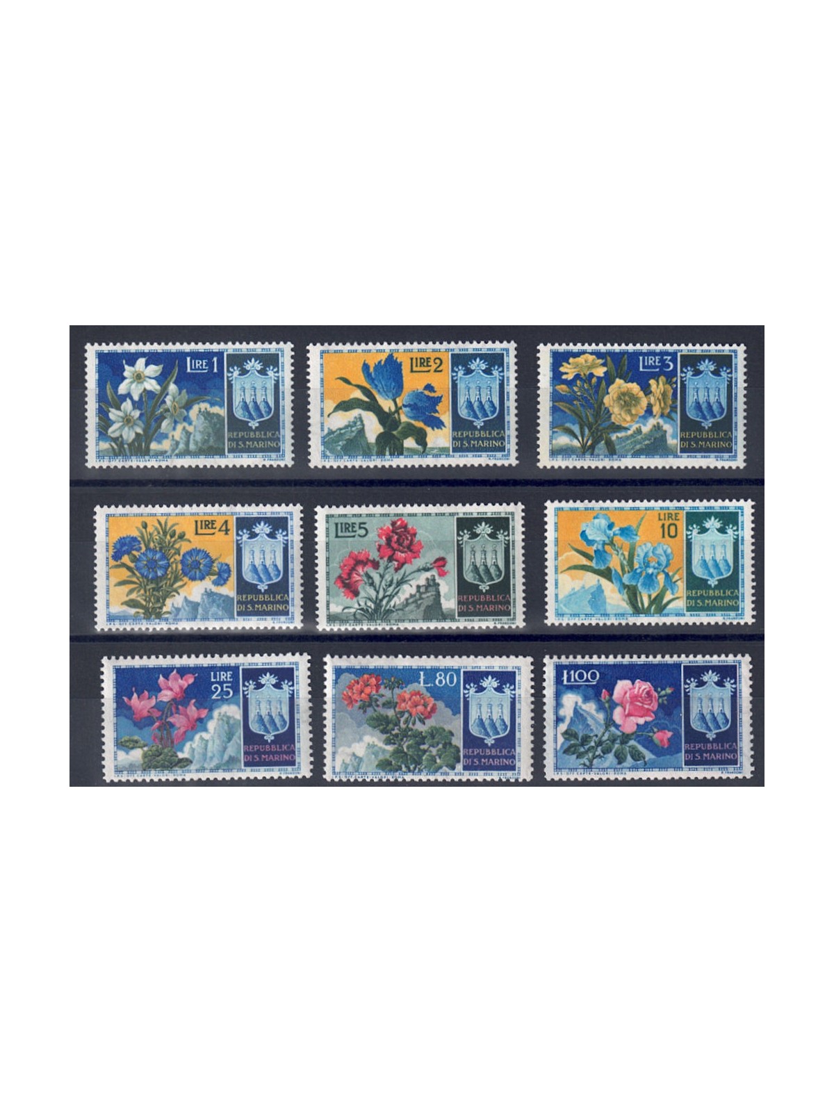 SAN MARINO 1953 Fiori, 1ª emissione 9v MNH**
