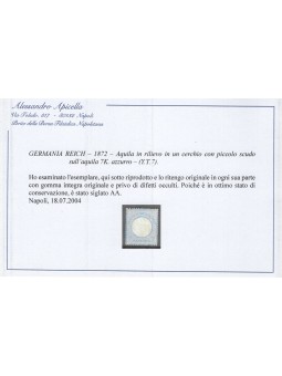 German Reich 1872 Eagle in relief within a circle with a small shield above the eagle 7 k. light blue no. 7. Signed ‘AD ED.’ Cer